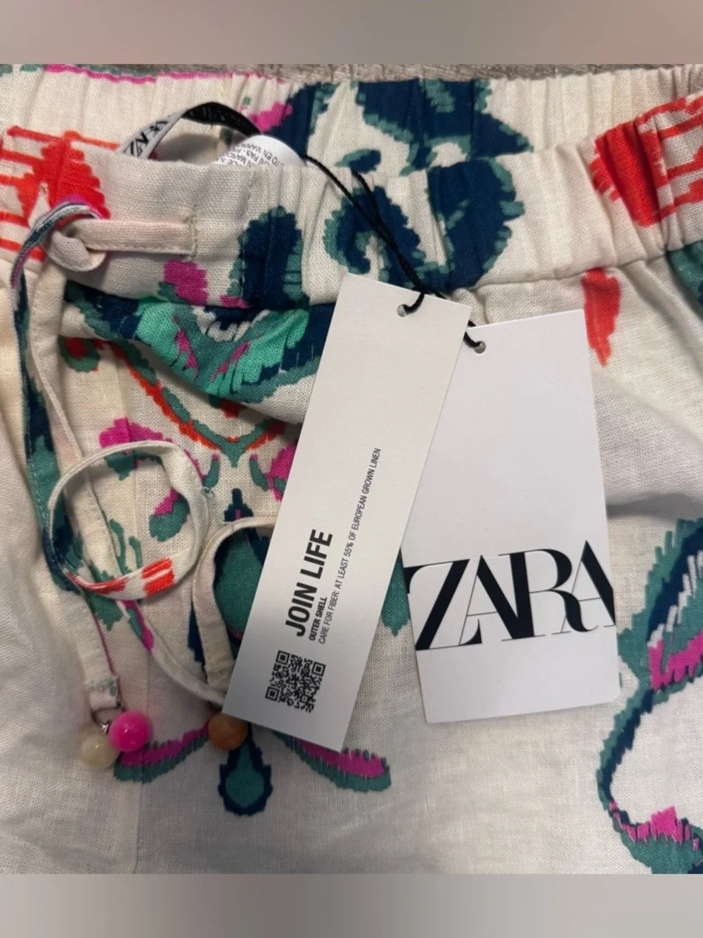 Zara Linen Blend Boho Green Leaf Print Drawstring Shorts NWT Womens Sz. S